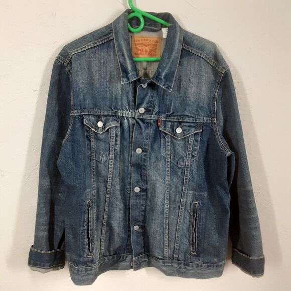 Levis Jean Jacket Adult Mens Large Blue Denim Trucker Work Blank Red Tab - Picture 1 of 10